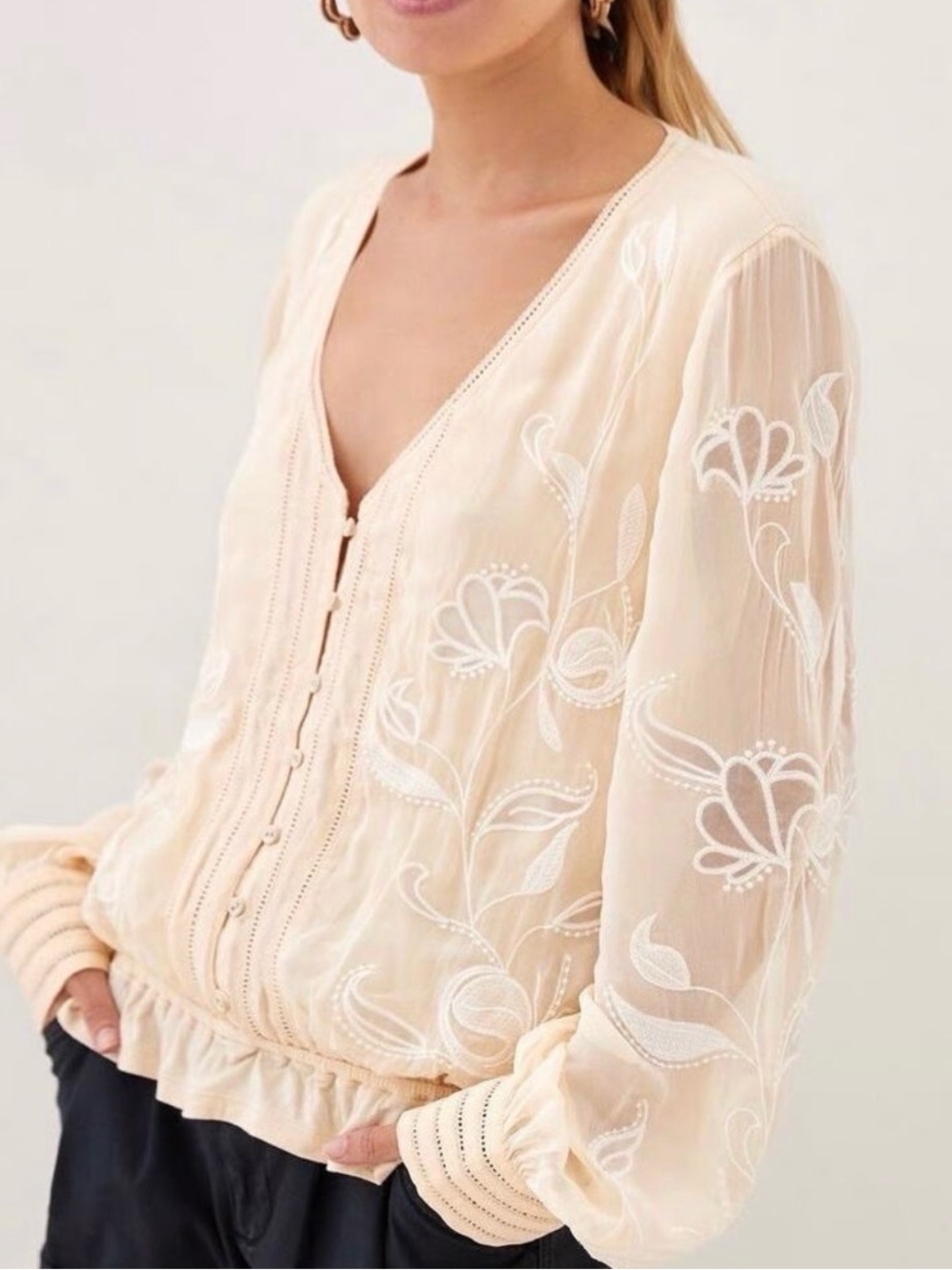 Anthropologie Peach Embroidered V-Neck Sheer Blouse